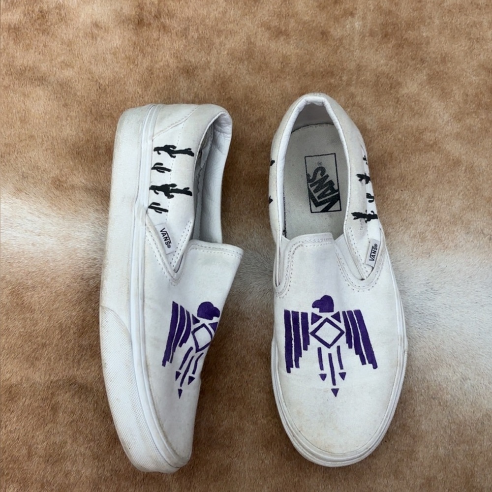 Custom Vans White Slip-On Shoes with Purple Graphic